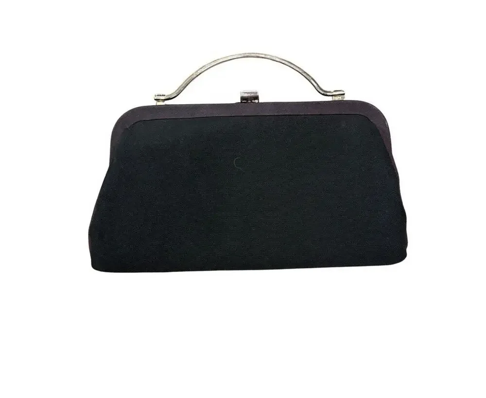 Vintage Black Evening Handbag Top Handle Purse Metal Frame Clutch Formal